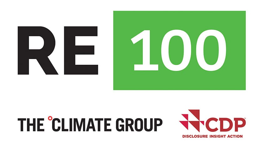 Image showing the ‘RE100’ initiative logo which incorporates the Climate Group and CDP logos.