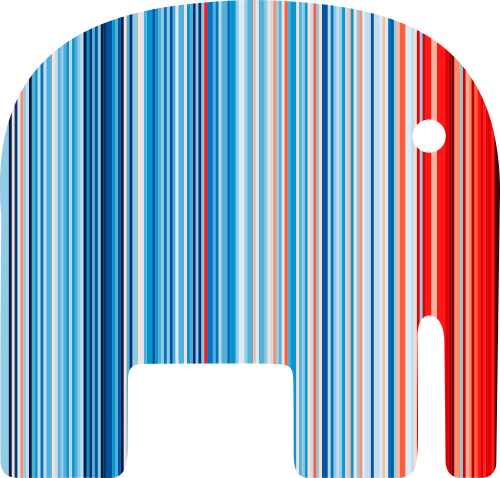 Image showing the ‘warming stripes’ created by Professor Ed Hawkins (University of Reading) applied to the EnergyElephant logo.