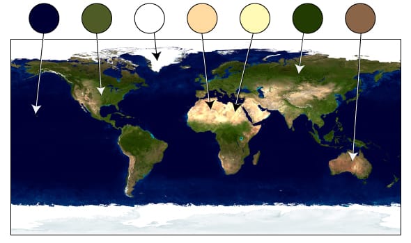 Illustration showing the patchwork of colours that make up the surface of the Earth.