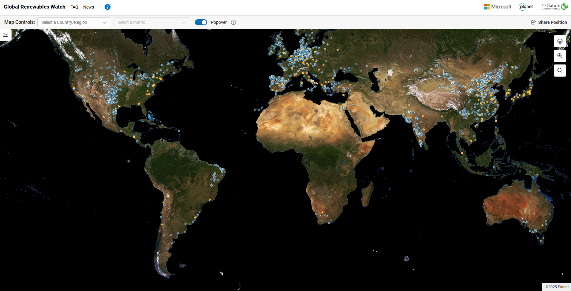Anyone can use the time-series data in the tool to evaluate energy transitions country-by-country, monitor land-use changes, and track trends over time. Image captured from Global Renewables Watch, December 2025.