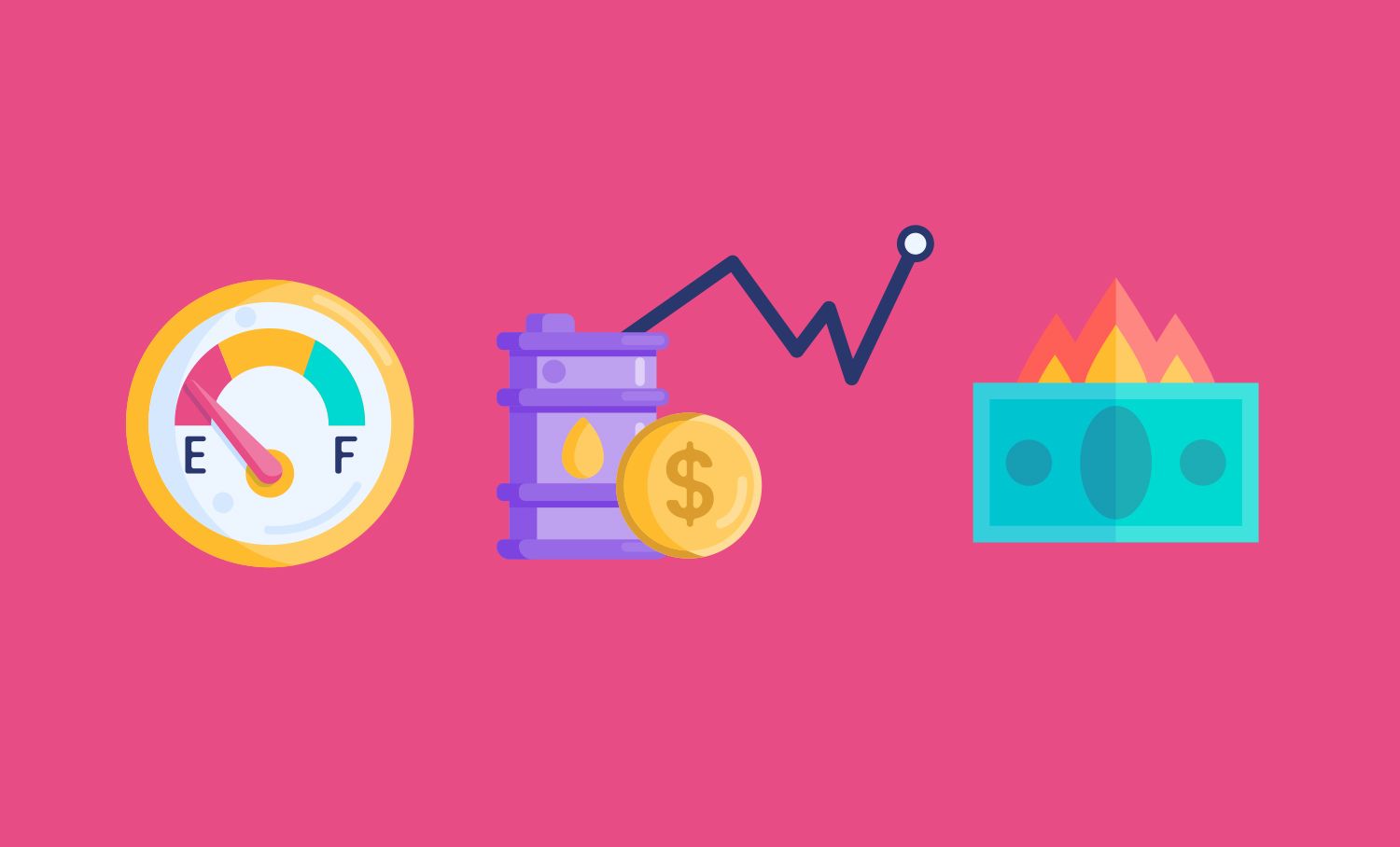 A fuel gauge at empty, increasing fuel prices and money burning to indicate inflation