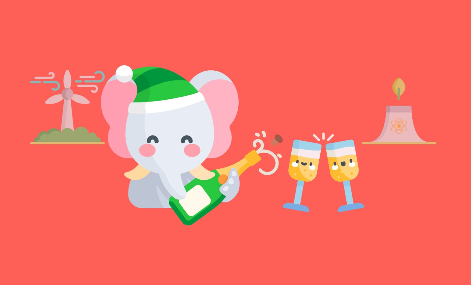 An illustration of EnergyElephant's mascot Nellie celebrating the end of the year with a bottle of champagne.