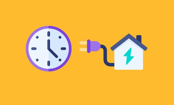 Illustration of a clock with a mains plug leading to a house about to be plugged into it