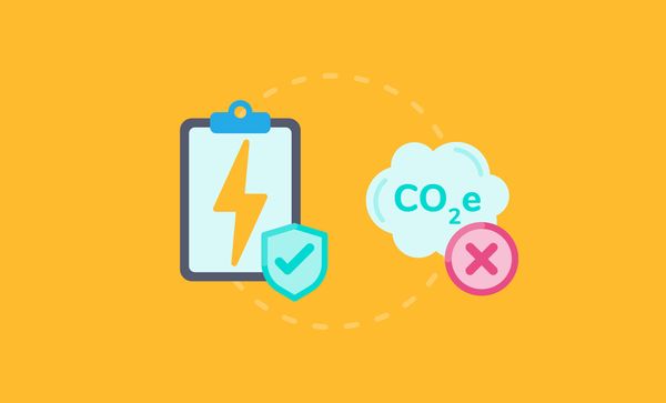 Illustration of a clipboard with a lightning bolt on it, linking via a dashed line to a cloud of carbon dioxide